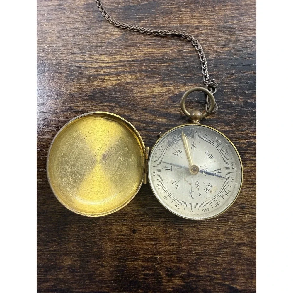 Vintage Antique Brass Pocket Compass Made In France Military Style W/CHAIN Works